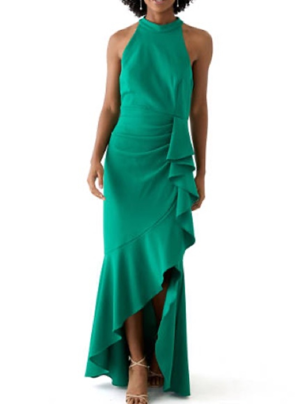 Betsy & Adam Emerald Halter High-Low Ruffle Gown